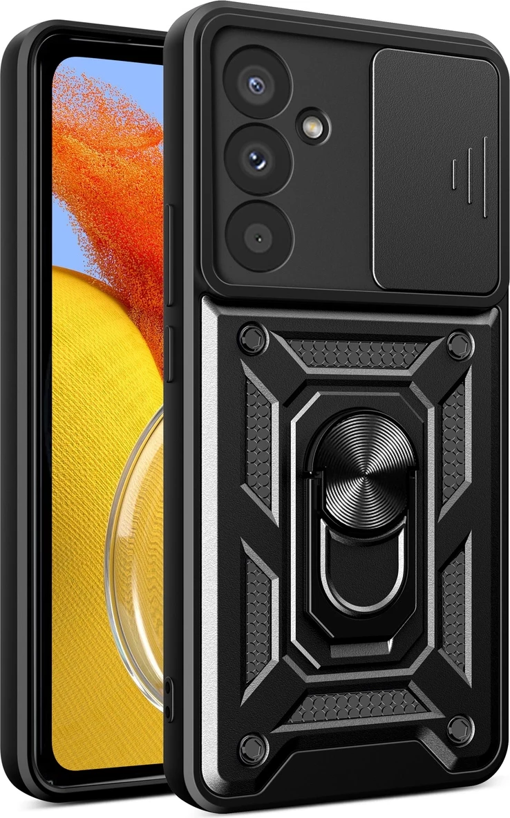 Mbështjellës Hurtel Hybrid Armor Camshield për Samsung Galaxy A37, TPU+PC, me kapak kamere rrëshqitës, me unazë metalike/stand, i zi