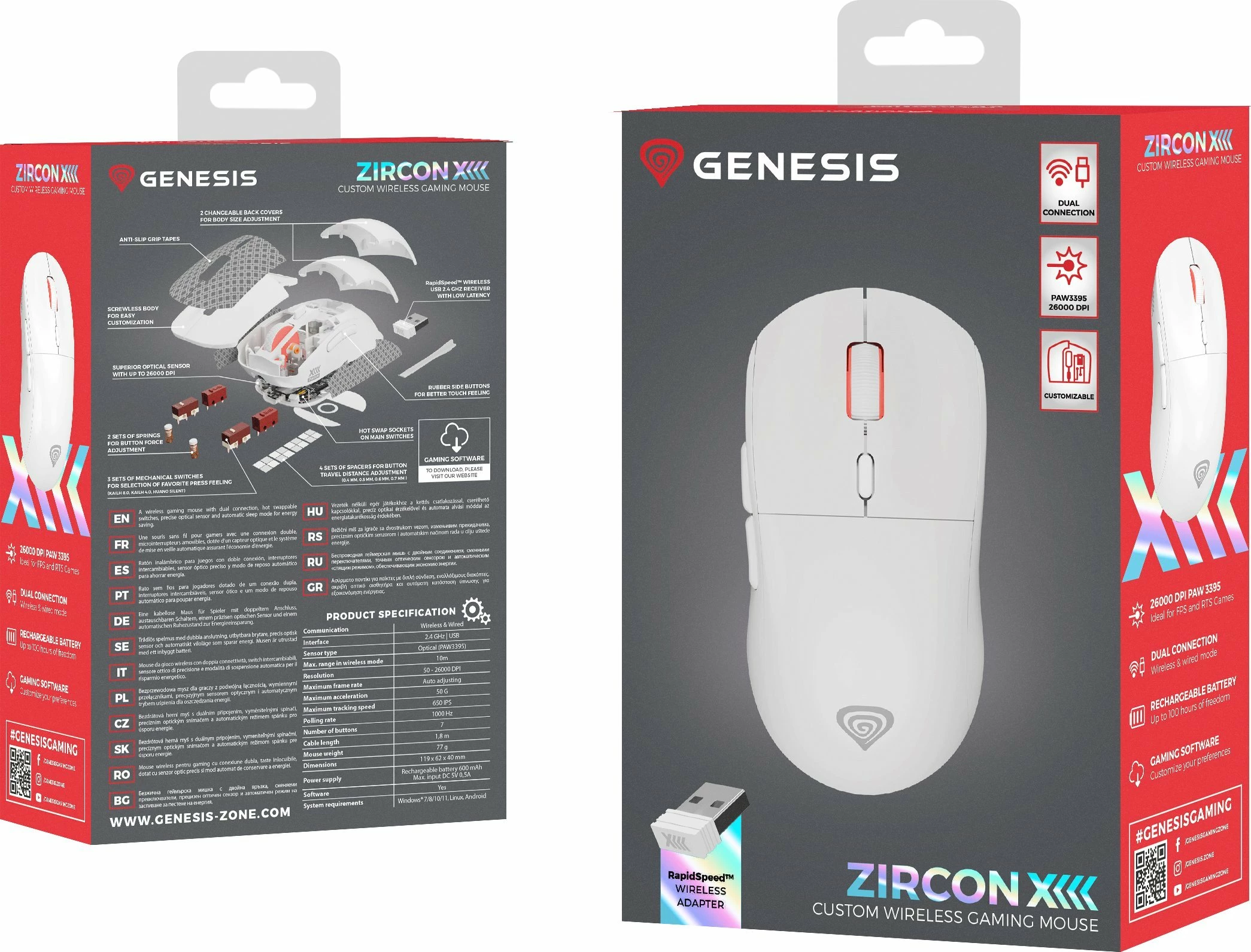 Maus gaming GENESIS Zircon XIII NMG-2090, PAW3395, 26000 DPI, 2.4GHz/USB, RGB, 7 butona, i bardhë