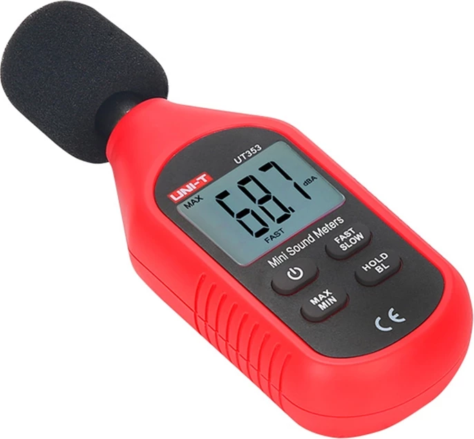 Matës niveli zhurme, UNI-T, UT353, 30-130 dB, saktësi ±1.5 dB, LCD me ndriçim, mikrofon 1/2", set me 3x AAA dhe mbrojtëse ere