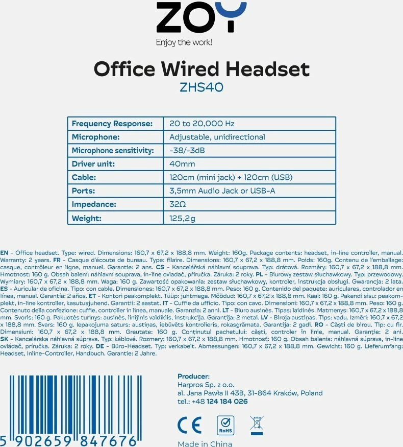 Kufje me mikrofon ZOY ZHS40, me kabllo 3.5mm + USB, driver 40mm, kontroll volum, zezë