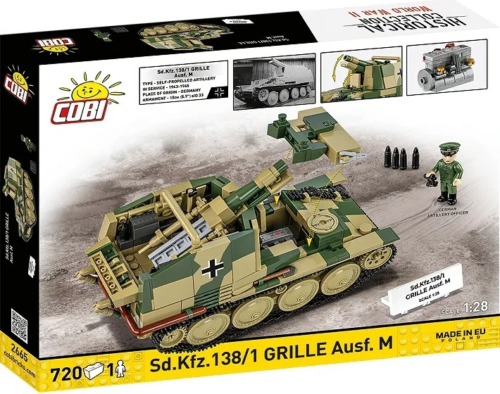 Set blloqe ndërtimi, Cobi, COBI-2665 Sd.Kfz.138/1 Grille Ausf. M, 720 elemente, shkallë 1:28, me figurë, kamuflazh jeshile