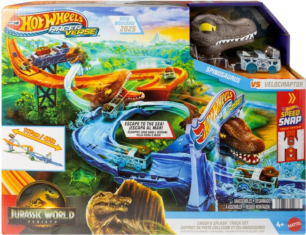Set loje Hot Wheels RacerVerse Jurassic World Marine Dinosaur Chase Track, Velociraptor, shumëngjyrësh