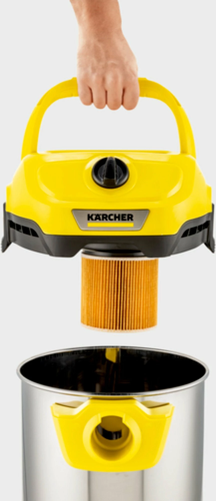 Fshesë me korrent industriale Karcher WD 2 Plus S V-15/4/18/C, 1000 W, depo 15 L, thithje e thatë/lagësht, e verdhë/argjend, set me aksesorë