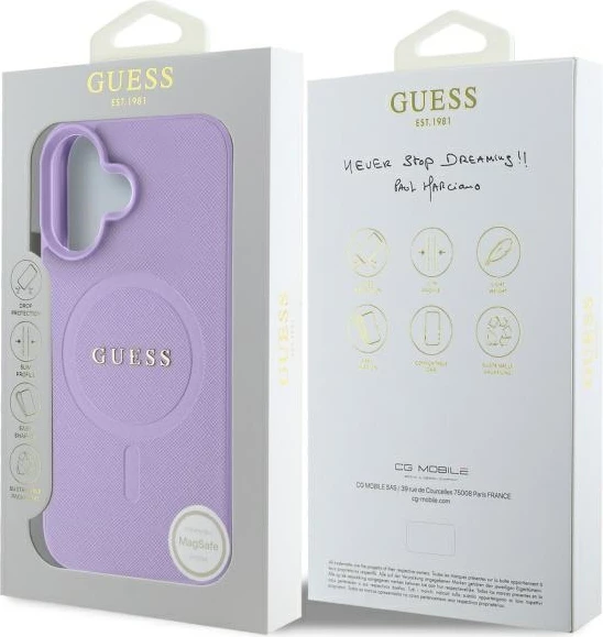 Mbështjellës Guess Saffiano MagSafe për iPhone 16, Vjollcë