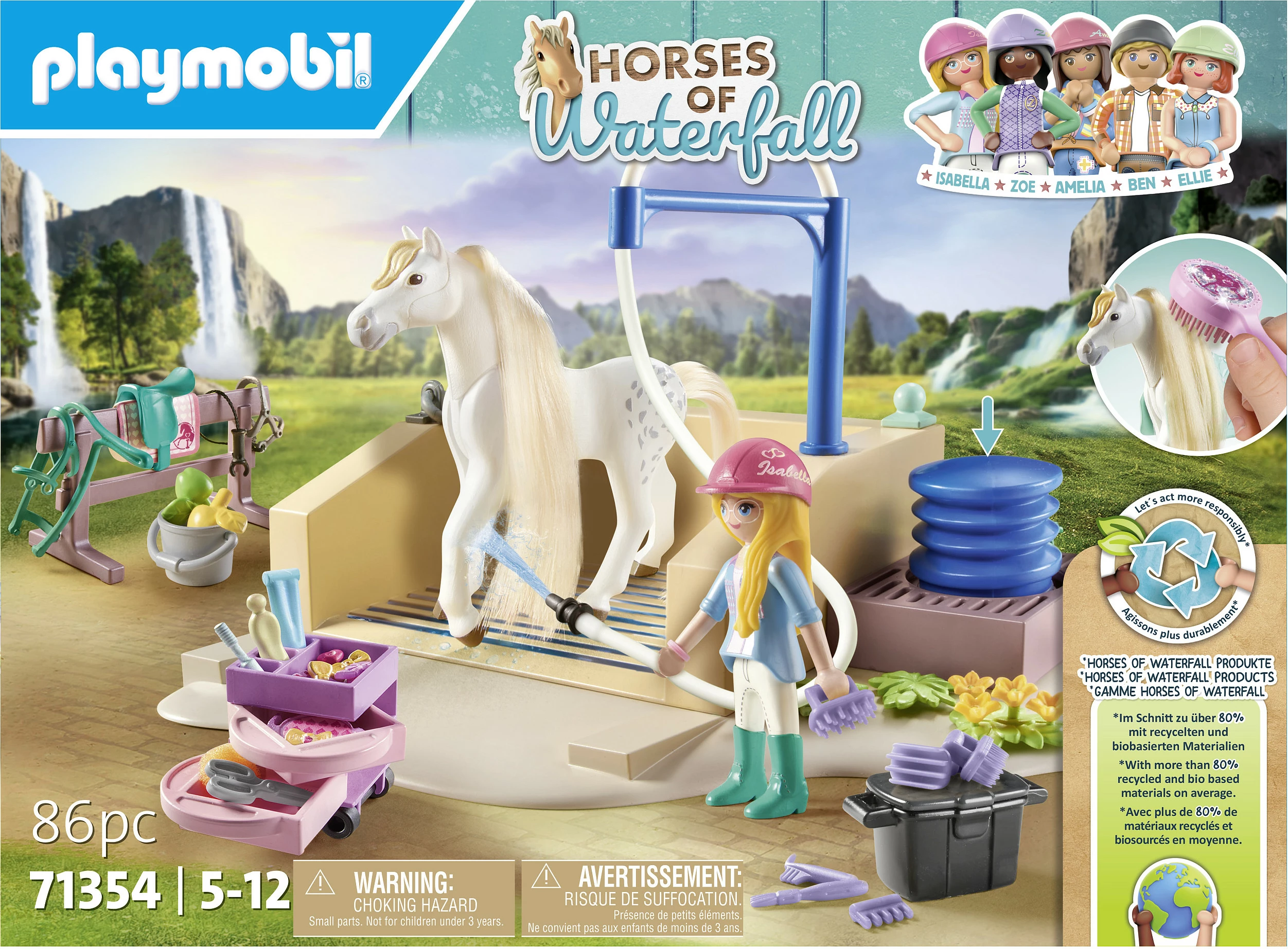 Set lodër Playmobil Horses of Waterfall 71354, stacion larjeje kuajsh, 86 copë, shumëngjyrësh