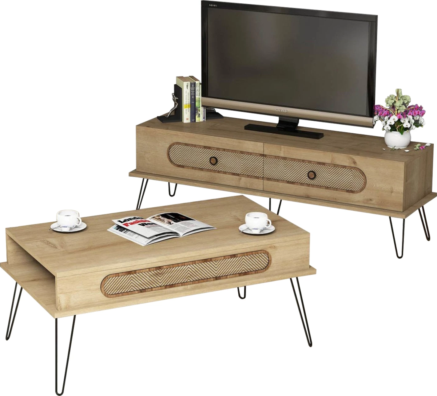 Kompozim dhome ndenjeje, FH11851.02, 2 pjesë, melaminë, ngjyrë lisi natyral