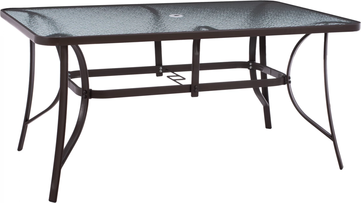 Tavolinë 150x90x75cm metalike drejtkëndëshe ngjyrë kafe me vrimë për ombrellë D38cm FH5145.12