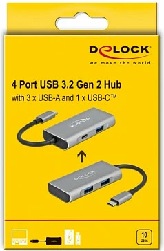 Hub USB-C DeLOCK, 4 porta (3x USB-A + 1x USB-C), USB 3.2 Gen 2 10Gbps, kabllo 0.12m, alumini, zi/gri