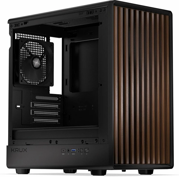 Kasë Krux Helio KRXD011 Mini Tower microATX/Mini-ITX, USB-A 3.0 + USB-C, panel anësor xham i temperuar, e zezë me dru