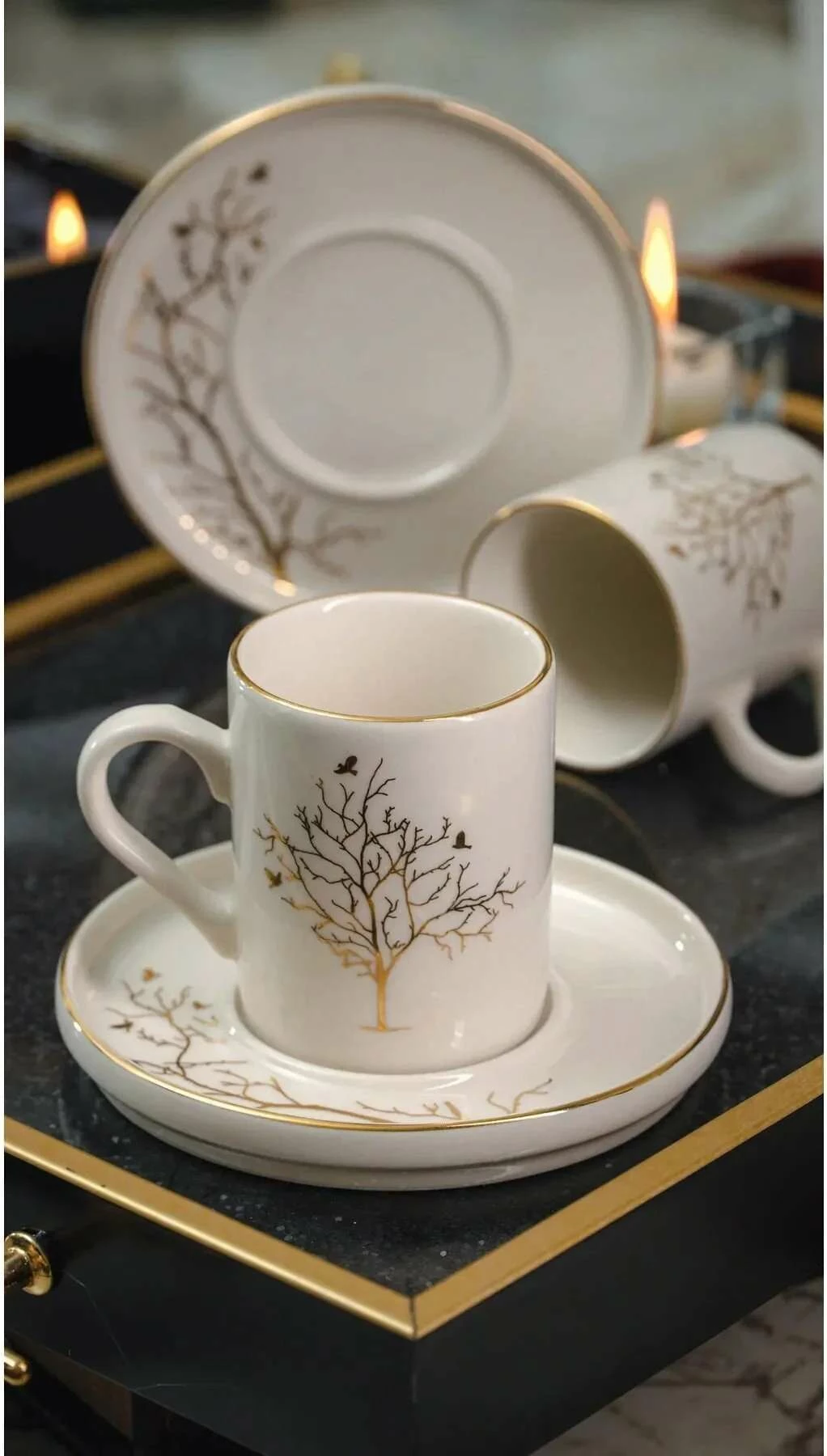Set filxhanash kafeje Hermia Concept MCH10244, 2 Filxhanë + 2 Pjatëza, Porcelan, të bardhë/ari