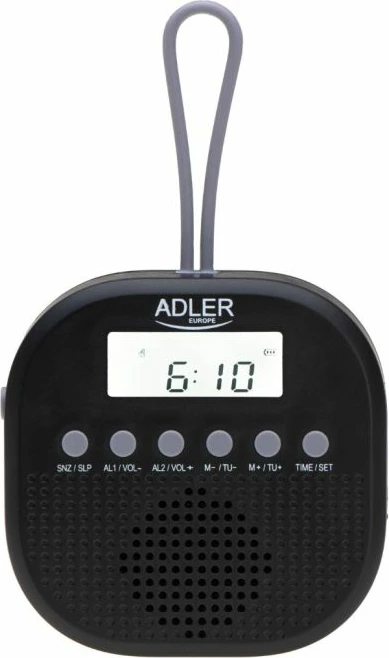 radio waterproof ADLER AD1912, FM, IPX4, me orë dhe alarm të dyfishtë, me grep silikoni, e zezë