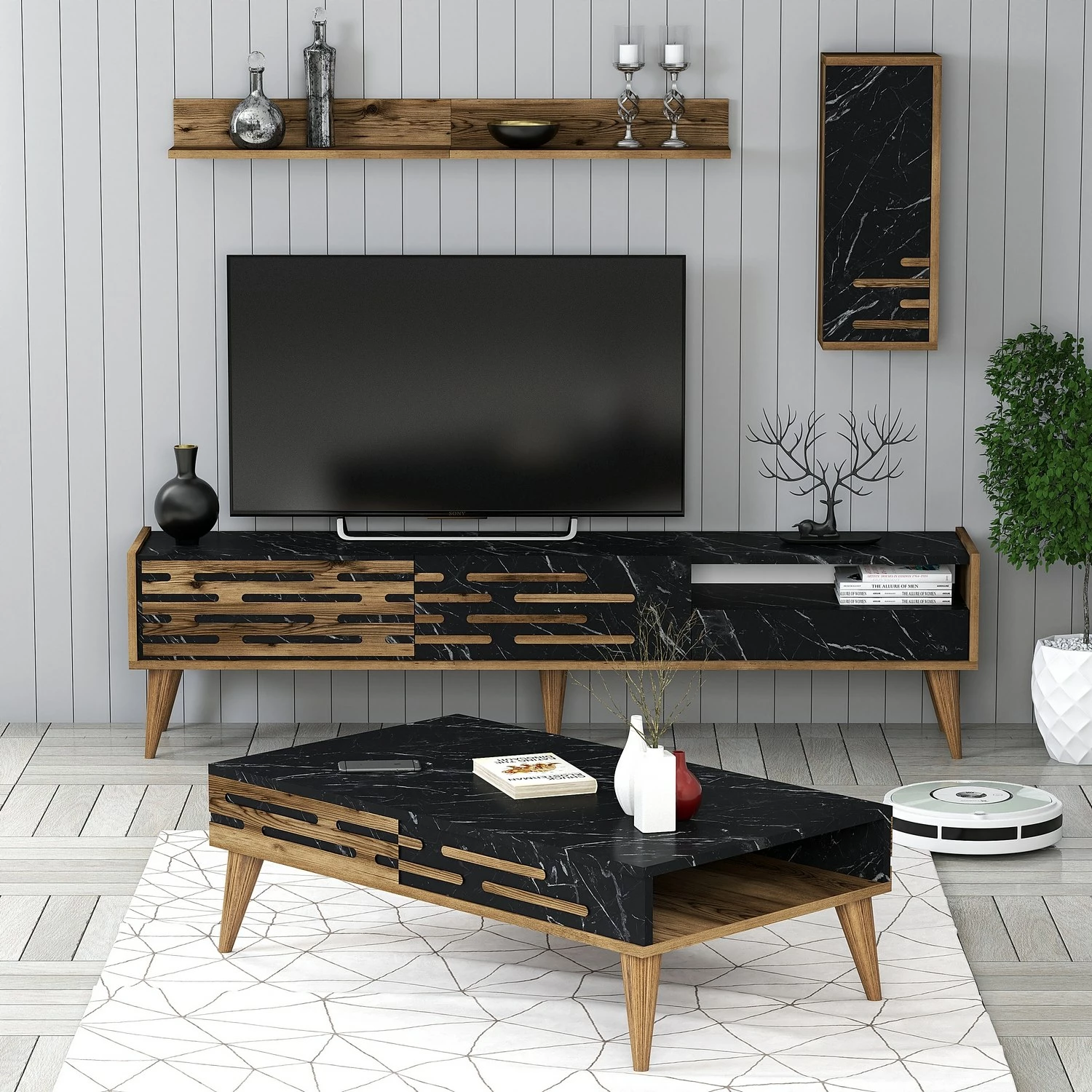 Set mobiljesh për dhomë dite, Valensiya, Skye Decor, ngjyrë arre, e zezë, mermer