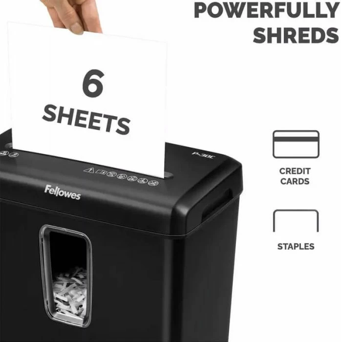 Shredder dokumentesh Fellowes Powershred P-30C, prerje kryq 4x34 mm (DIN P-4), 6 fletë, kosh 15 L, i zi