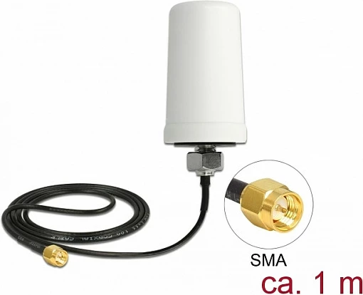 Antenë DeLOCK 12545, omni 2 dBi, SMA mashkull, 1 m kabllo, bardhë/zezë