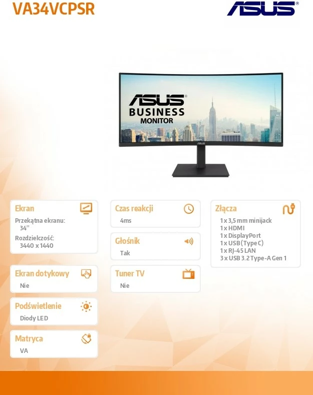 Monitor Asus VA34VCPSR, 34 inç, WQHD, USB-C, RJ45, 21:9, i zi