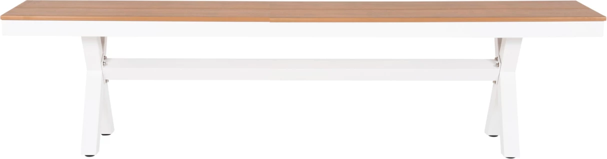 Stol alumini, TAWNEE, FH6038.02, ngjyrë e bardhë, me sipërfaqe tavoline polivudi, ngjyrë druri natyral, 150x36x45 cm