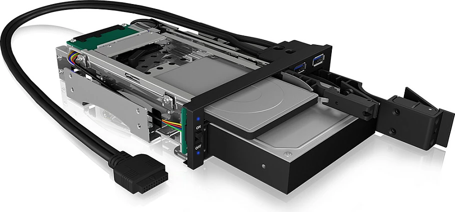 Baj 5.25" ICY BOX IB-174SSK-U për 1x 3.5" + 1x 2.5" SATA, hot-swap, 2x USB 3.2 Gen1, i zi