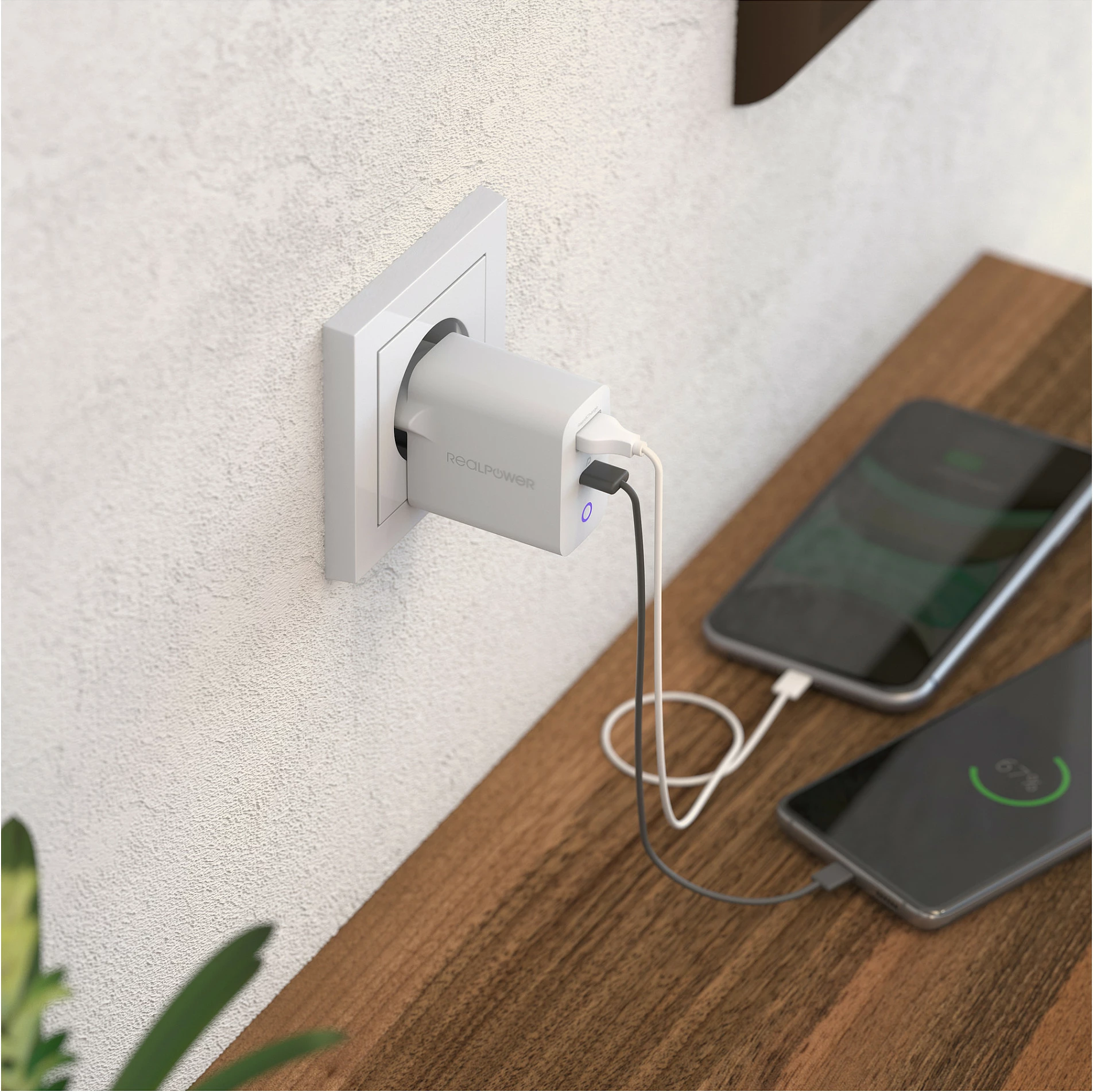 Karikues muri Realpower PC-20, 20W, USB-C PD + USB-A, i bardhë