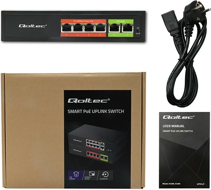 Switch, Qoltec 52289, 6x RJ45 10/100Mb/s (4x PoE 802.3af, total 65W), 2x RJ45 Uplink, Plug & Play, metal, e zezë