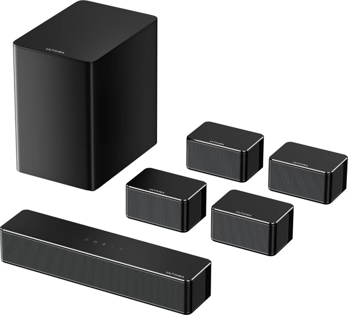 Soundbar Ultimea Poseidon D70 7.1 410W Bluetooth 5.3, set me subwoofer wireless + 4 altoparlantë satelitë, e zezë