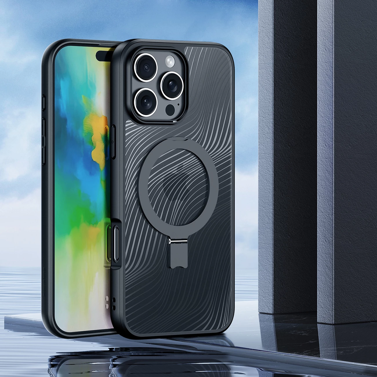 Mbështjellës Dux Ducis Aimo Mag për iPhone 16 Pro Max, me MagSafe dhe mbajtëse, i zi