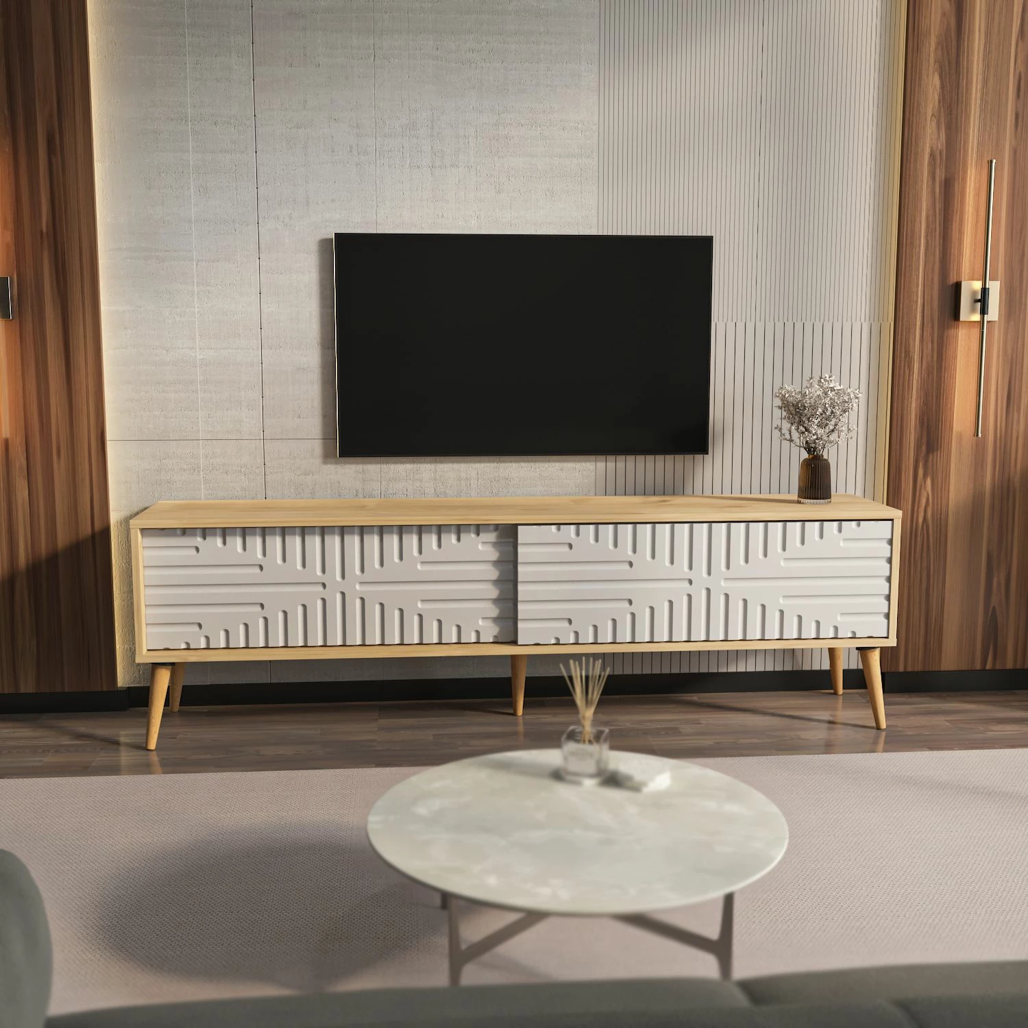 Komodë TV Skye Decor, ngjyrë lis safir dhe e bardhë