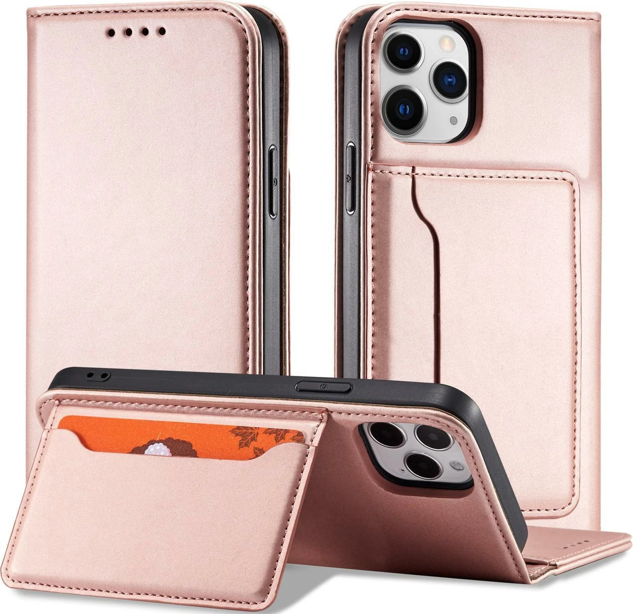 Mbështjellës Hurtel Magnet Card Case për iPhone 12 Pro, me portofol dhe qëndrim, Rozë