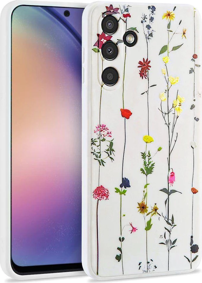 Mbështjellës ONASI Spring për Samsung Galaxy A34, silikon i lëngshëm, me print lulesh, i bardhë