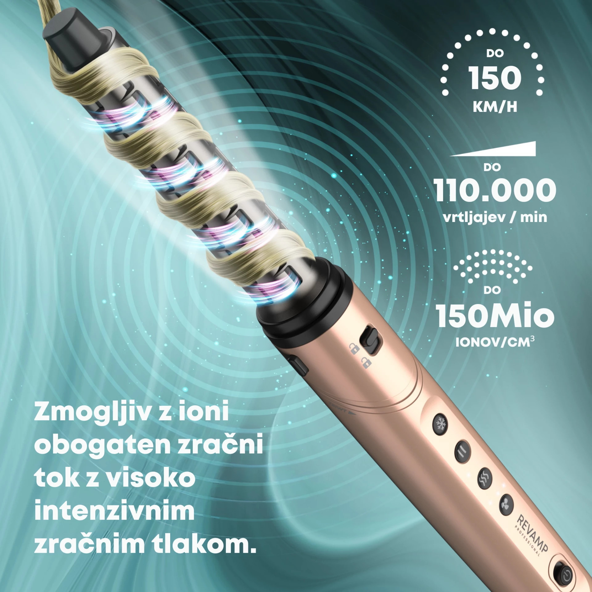 Tharëse flokësh me stilues Revamp Dynamic Radiance Pro DR-2850GD, 6 aksesorë, jonike, 110000 RPM, rozë e artë, set