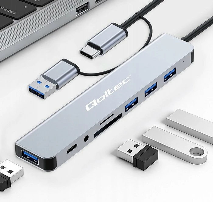 Hub USB-C/USB Qoltec 53794 8-në-1, 4x USB-A 2.0/3.0, USB-C, SD/TF, 3.5mm, 5 Gbps, gri grafit