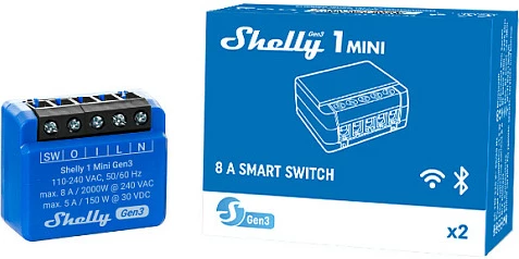 Smart switch Shelly 1 Mini Gen3, 1P, Wireless, 20 dBmW, 30 m, Blu