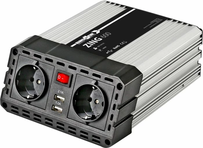 Inverter BRUNNER Zing 600, 600 W, valë sinusoidale e modifikuar, 230 V, USB 5 V/3.1 A, argjend/zi