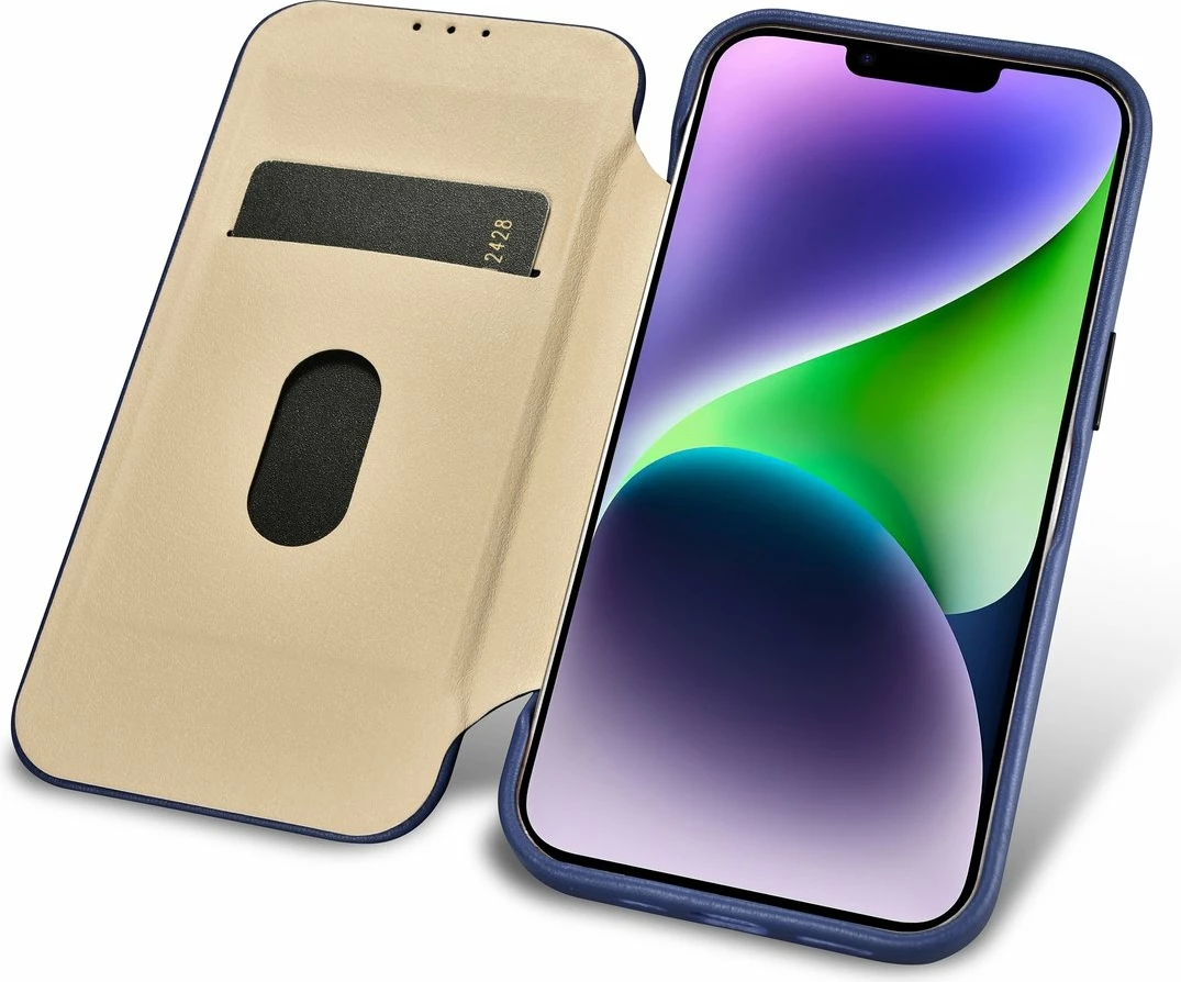 Mbështjellës iCarer CE Premium lëkurë, për iPhone 14 Plus, MagSafe, Kaltër