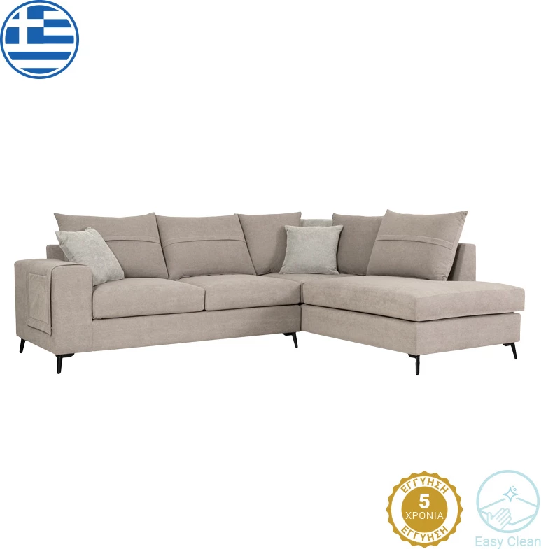 Kënd divani Montana, ngjyrë gri-bezhë, jastëkë ngjyrë gri të çelur, 275x215x93 cm