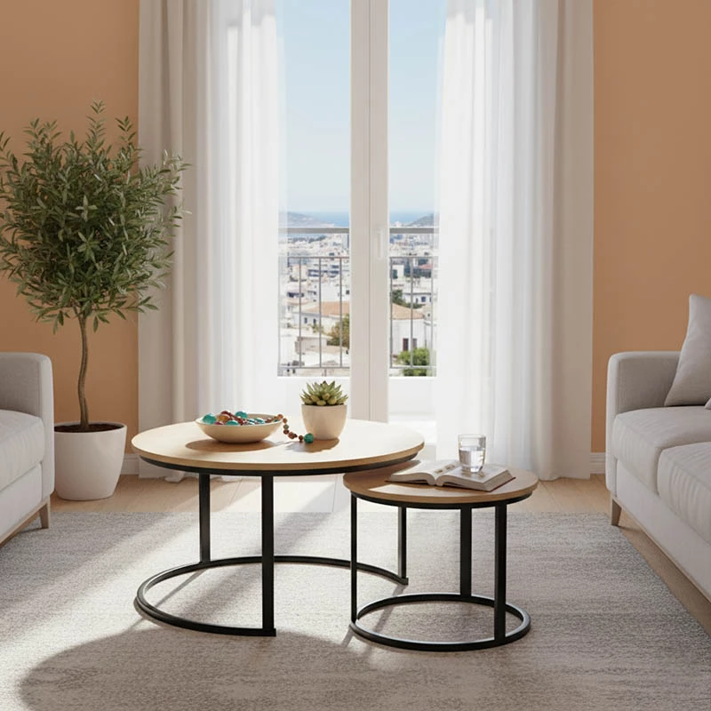 Tavolina kafeje Solme I, 2 copë, ngjyrë lisi, këmbë metalike të zeza