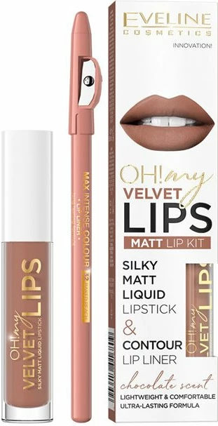 Set për buzë Eveline Cosmetics Oh! My Velvet Lips Liquid Matt Lip Kit për femra 14 Choco Truffle 4.5ml + 1 copë