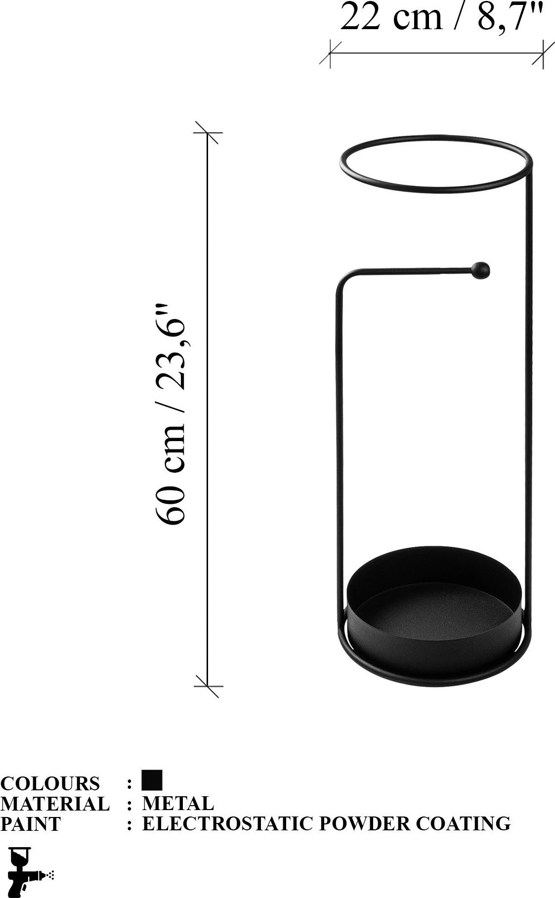 Stendë për ombrella, metalike, ngjyrë e zezë, Evila Originals, 22x22x60cm