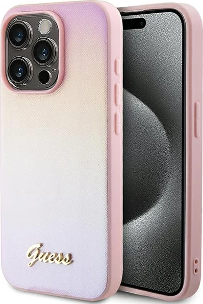 Mbështjellës Guess GUHCP15XPSAIRSP për iPhone 15 Pro Max 6.7", Saffiano Iridescent Script, rozë
