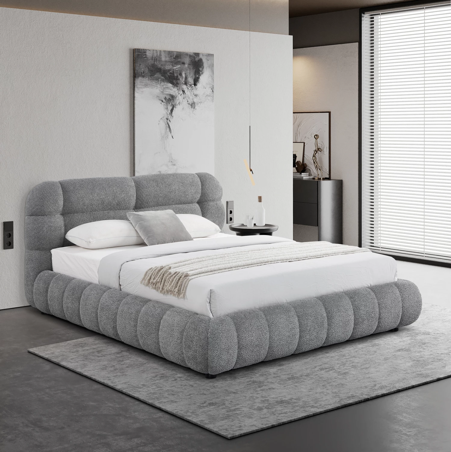 Krevat dopio me hapësirë për depo, stof boucle gri, FH730.01, dyshek 160x200cm