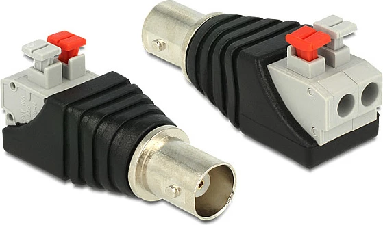 Adapter DeLOCK BNC femër në bllok terminali 2-pin, me butona shtypës, i zi/argjendtë