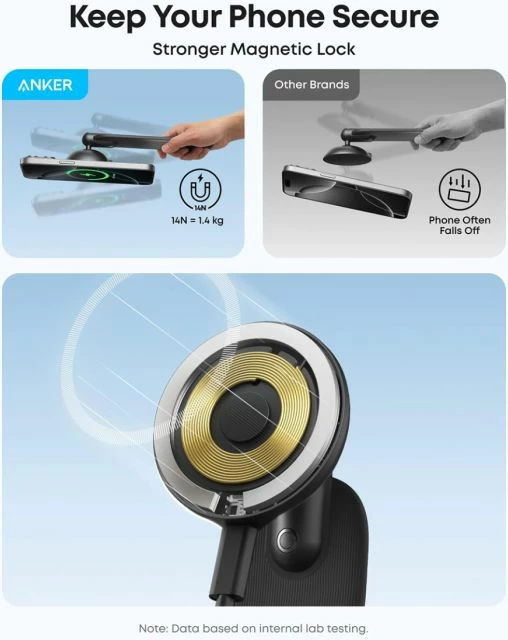 Karikues wireless magnetik për veturë, ANKER Nano MagGo B2216H11, 15W, me mbajtëse, i zi, set me adapter 25W + kabllo USB-C