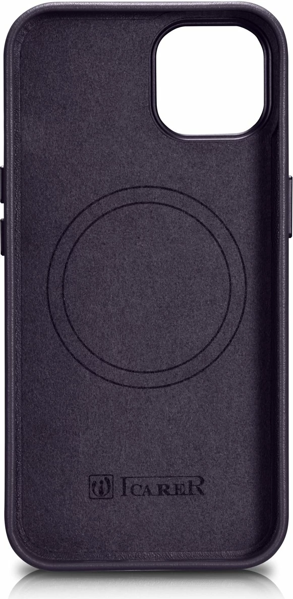 Mbështjellës iCarer për iPhone 14, lëkurë natyrale, MagSafe, Vjollcë e errët