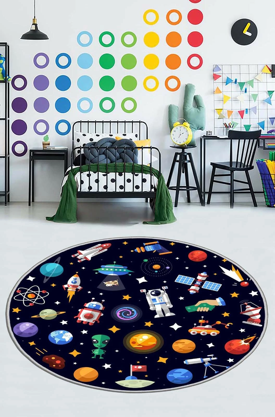 Qilim i rrumbullakët, shumëngjyrësh, temë hapësinore, Conceptum Hypnose, HMNT926, 140cm