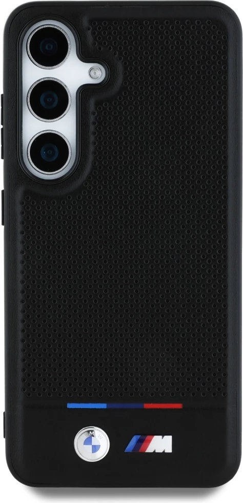 Mbështjellës BMW Leather Tricolor Stripe MagSafe për Samsung Galaxy S25+, lëkurë natyrale, hardcase, me unazë magnetike MagSafe, e zezë