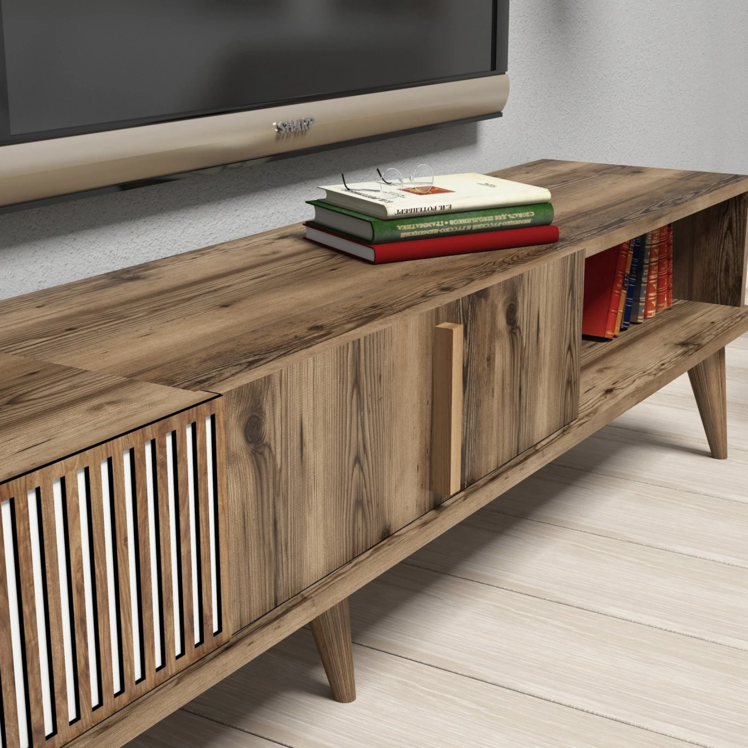 Set mobiljesh për TV, FH9438.02, melaminë, ngjyrë arre-bardhë, 180x35x40Hcm