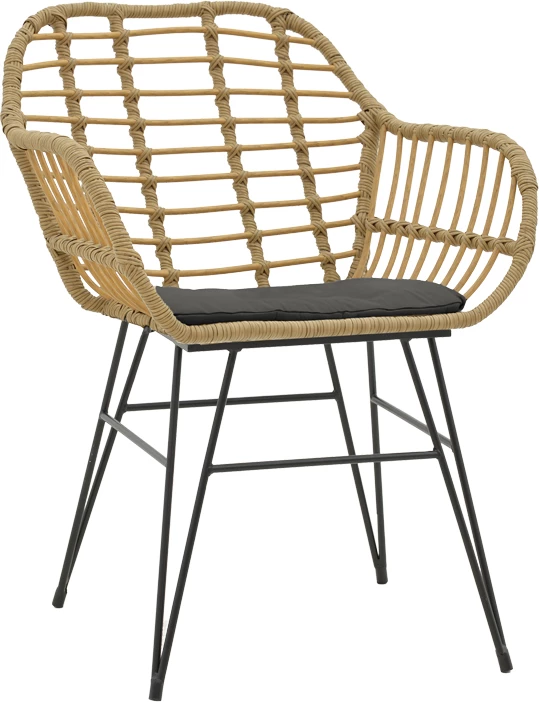 Karrige Naoki rattan, ngjyrë natyrale me jastëk të zi dhe këmbë metalike të zeza, 58x64x81 cm