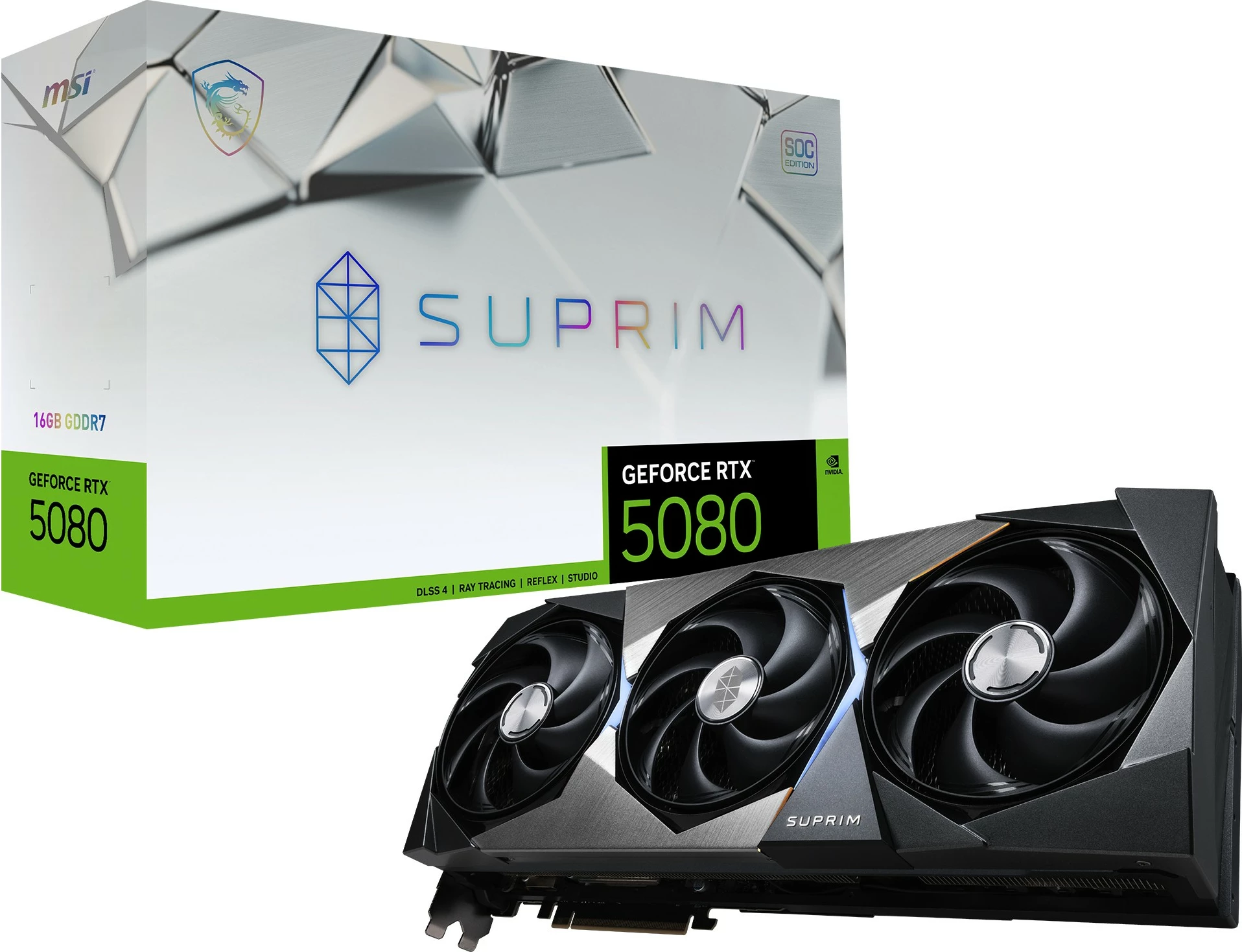 Kartelë grafike MSI RTX 5080 Suprim SOC 16GB GDDR7, 3 fan, gri