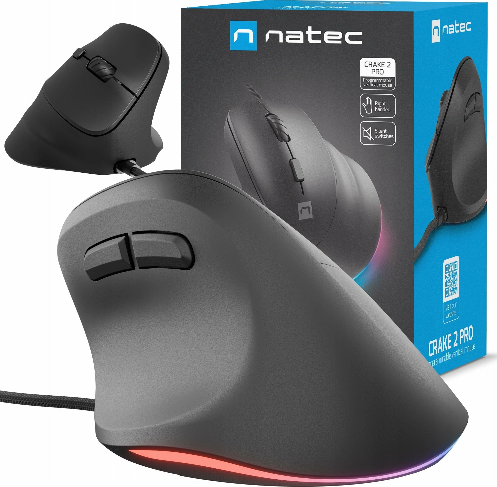Maus Natec Crake 2 Pro NMY-2272 12800 DPI, me kabllo USB, vertikal, 6 butona, RGB, i zi