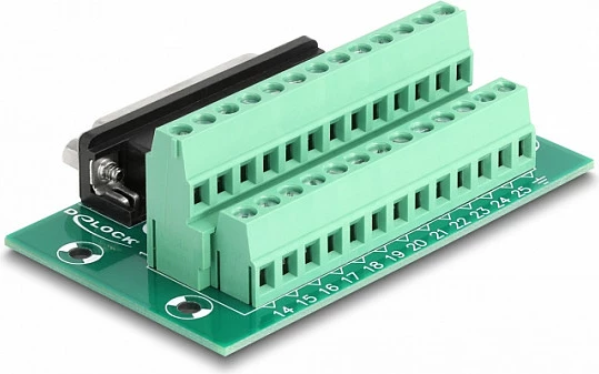 Adapter D-Sub DB25 femër DeLOCK në terminal bllok për shinë DIN, AWG 24-12, jeshile