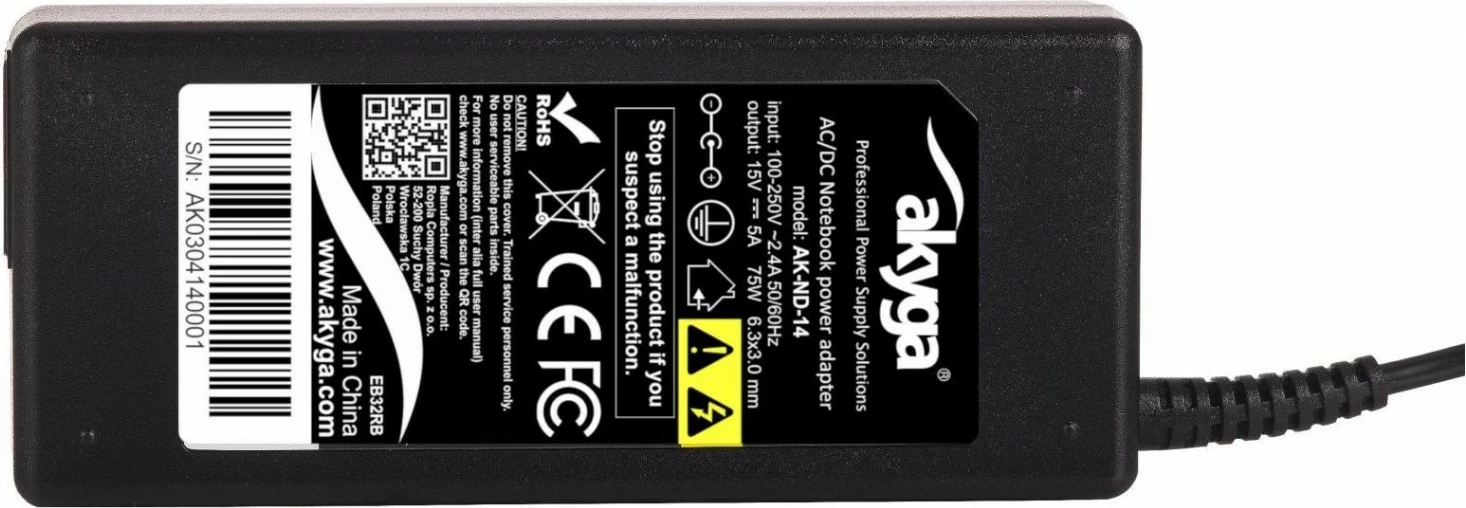 Adapter laptopi Akyga AK-ND-14, 75W, 15V/5A, 6.3x3.0mm, për Toshiba